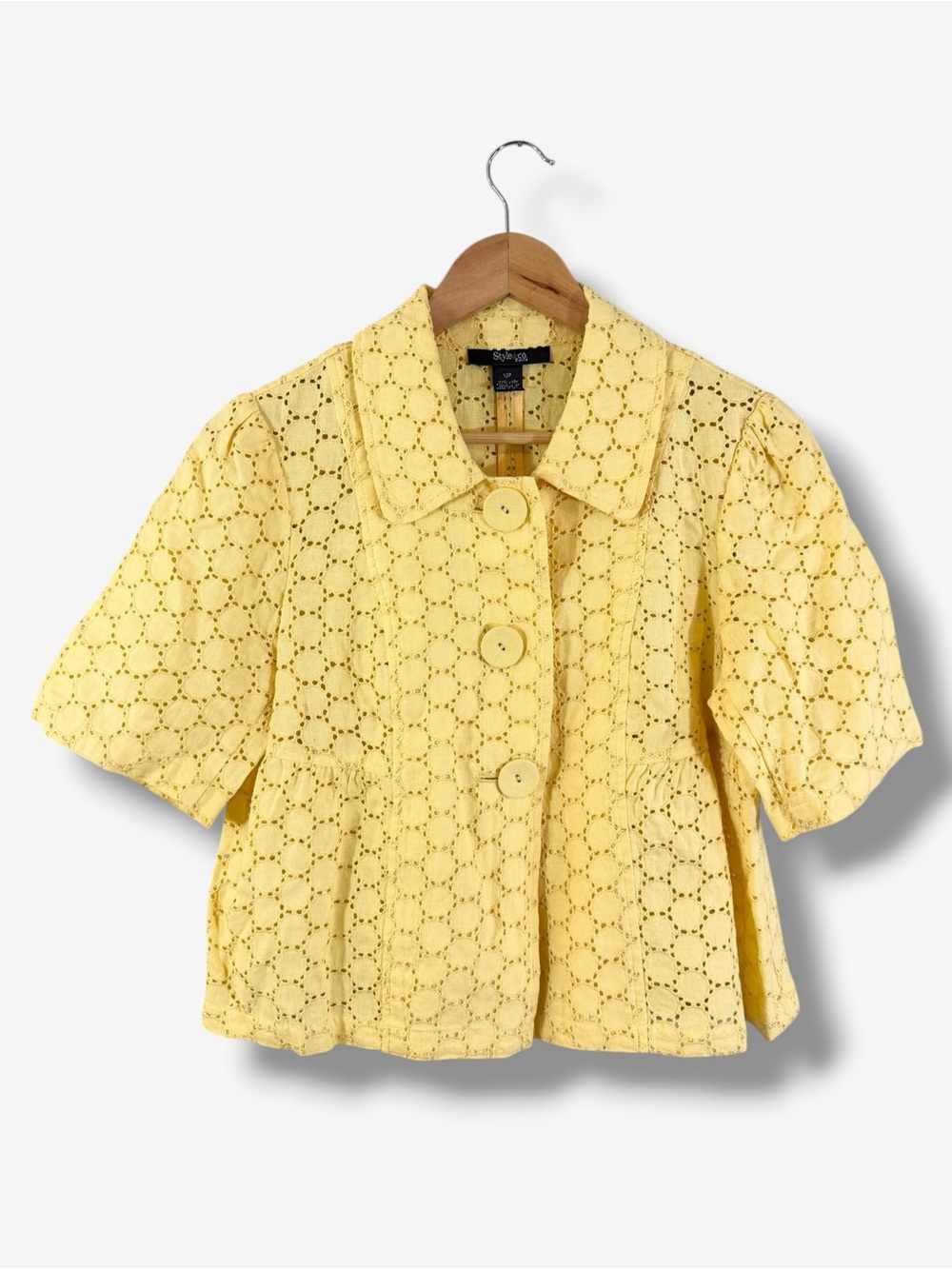 Style & Co Yellow Linen Eyelet Lace Jacket Size 10P Short Sleeve Three Button